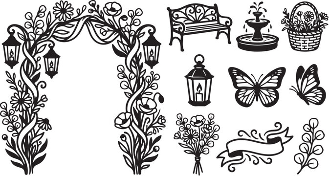 Whimsical garden illustrations with flowers and butterflies
