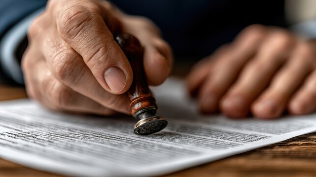 Person sealing an important document with a stamp on a wooden table