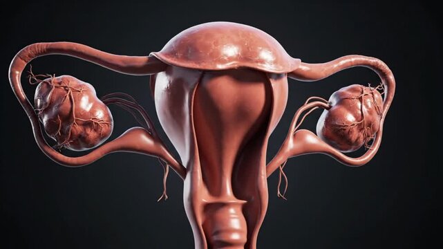 Cinematic scientific visualization realistic human uterus suspended in mid air soft studio lighting detailed reproductive contours subtle biological texture glossy reflections static camera smooth sha