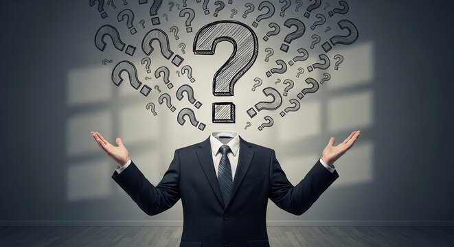 Confused businessman, question marks, uncertainty concept, puzzled employee