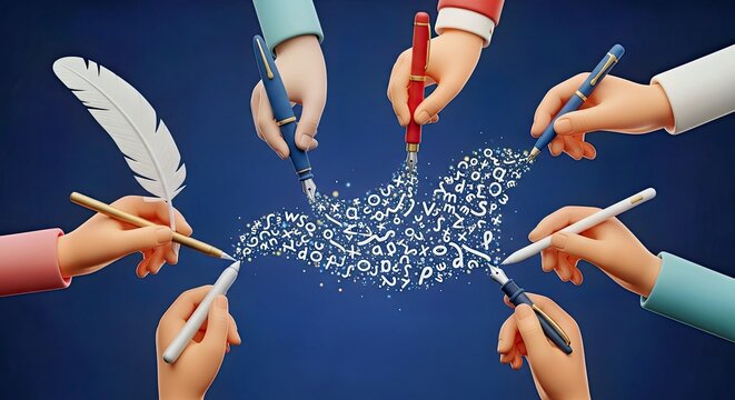 Collaborative Writing Diverse Hands Creating a Word Cloud