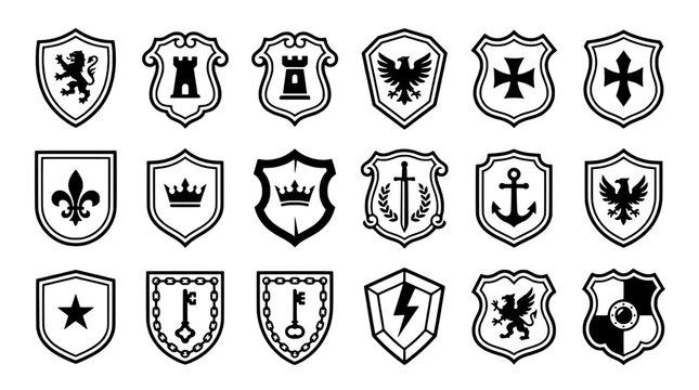 Shield heraldic emblems set with vintage crest icons, outlines, and weapon-inspired symbols for badges and game UI