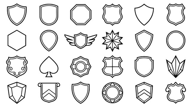 Shield icons outline set with badges, emblems, protection marks and security symbols on white background