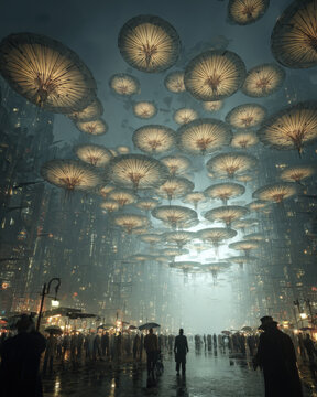 Giant glowing umbrellas float overhead in misty city streets