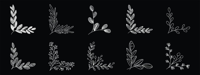 Hand-drawn botanical corner borders and floral elements set. Vector illustration of chalk style leaf branches, vintage wildflower frame ornaments, and rustic sketch invitation dividers.