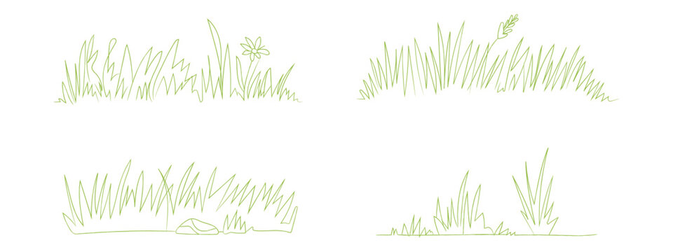 Hand-drawn green grass borders and meadow elements set. Vector illustration of sketch style garden lawn tufts, vintage organic pasture dividers, and rustic wildflower field silhouettes.