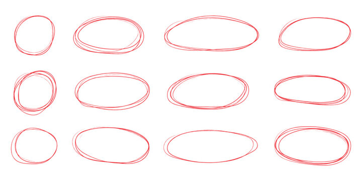 Hand-drawn red highlighter circles and marking ovals set. Vector illustration of sketch style correction rings, vintage presentation emphasize loop borders, and rustic scribble pencil frame elements.