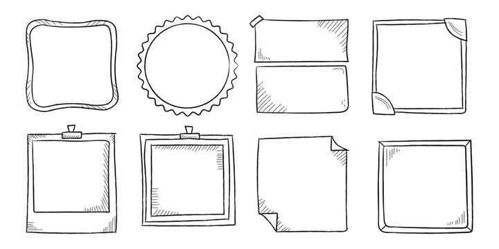 Hand-drawn notebook frames and memo paper borders set. Vector illustration of sketch style scrapbook photo slots, vintage bullet journal decoration badges, and rustic sticky note cards.