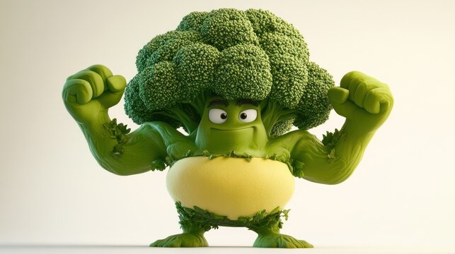 Cartoon broccoli character flexing muscles, healthy food, food illustration, light background, suitable for nutrition, health, or cooking content