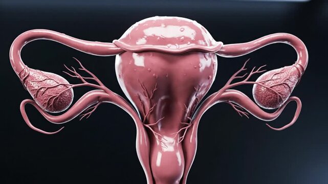 High quality 3D medical render floating human uterus with detailed anatomical contours subtle wet reflections smooth glossy surface static cinematic framing blurred background realistic lighting Octan