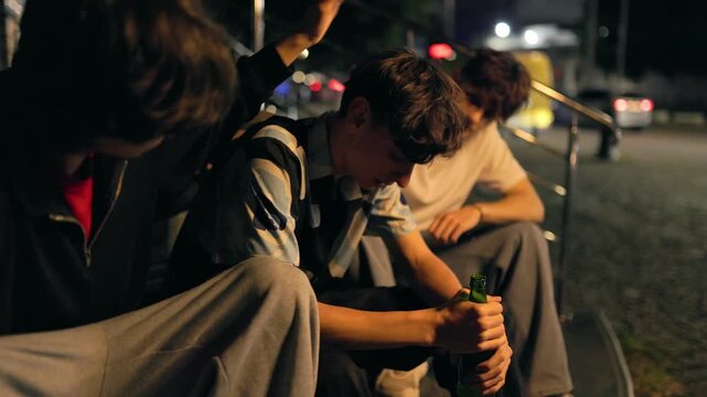 Teenagers comforting an upset crying friend on city steps during evening.