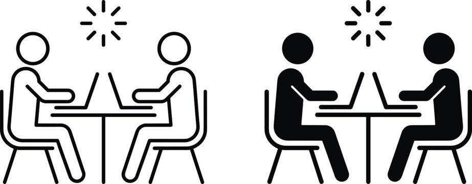 Two people working on laptops at table vector icon set for coworking and collaboration concepts