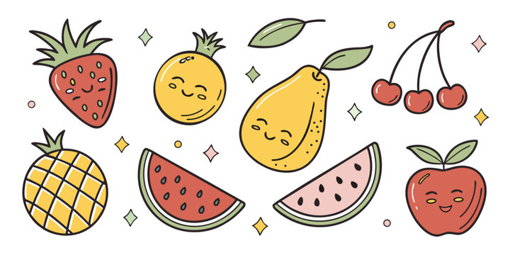 Cheerful fruit characters with sparkling stars including strawberry orange pear cherries pineapple and watermelon slices in whimsical hand drawn style.