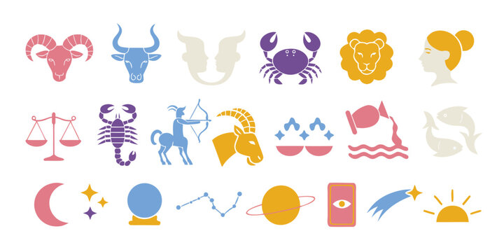 Colorful silhouettes of zodiac signs and astrology symbols collection for horoscope and mystical design projects.