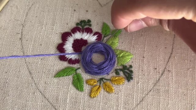 Close up macro view of hand embroidery stitches on fabric, detailed textile texture with soft natural light




