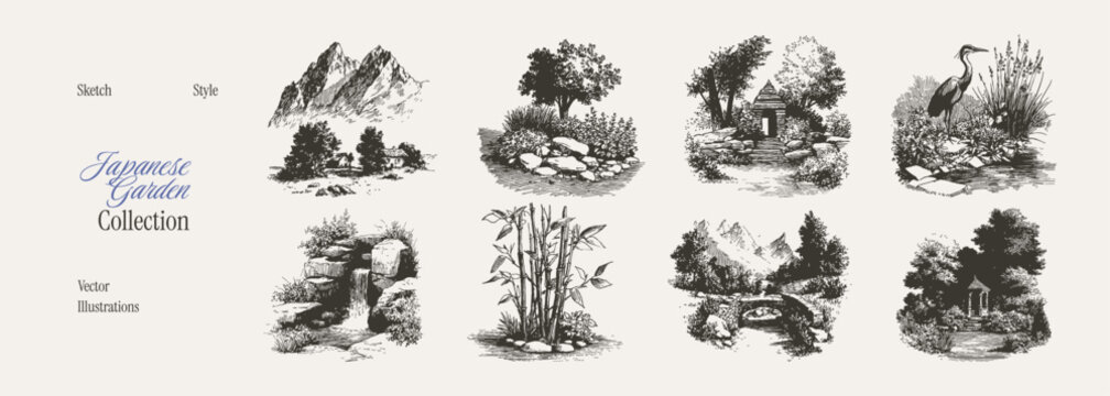 Scenic oriental vector landscapes with mountains, bamboo, waterfall, pavilion and heron pond. Illustrations for branding and textile in crayon drawn pencil style with expressive etched lines.