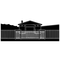 Fototapeta premium Black and White Silhouette of a House Behind a Metal Fence