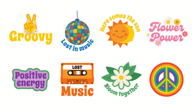 Colorful circular logo badges collection promoting positivity, sustainability, music, unity, and nature-inspired themes.
