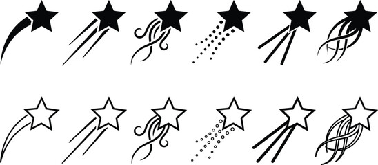 Shooting star icon collection, magical comet symbol illustrations, fantasy sparkle vector elements for celestial decorative design projects © Vexora Studio