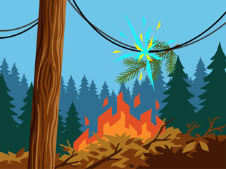 Utility line sparks ignite a forest fire. Dramatic explosion of flames against a pine forest backdrop. Powerful visual for safety awareness. © Vector Factory
