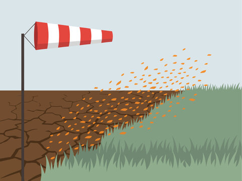 Wind-driven agricultural fire spread across cracked earth and dry grass. A wind vane indicates direction. Illustrative graphic depicting wildfire risk.