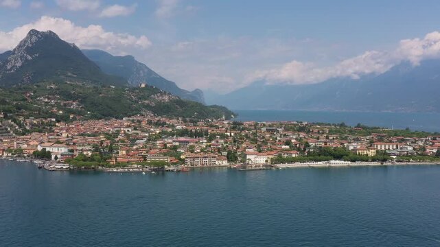 Aerial view of the panoramic scenery and luxury travel destination of Lago di Garda in summer