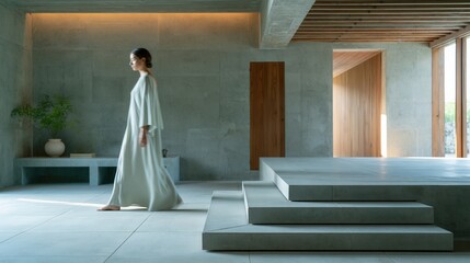 Naklejka premium Young woman walking inside a modern minimalist concrete villa with natural light.
