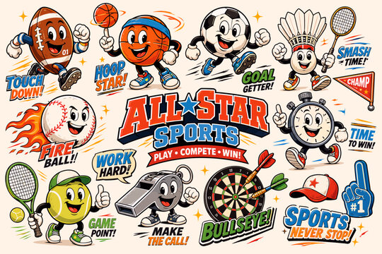 Vibrant cartoon collection of all-star sports equipment characters with motivational phrases, including football, basketball, soccer, baseball, tennis, badminton, and accessories.