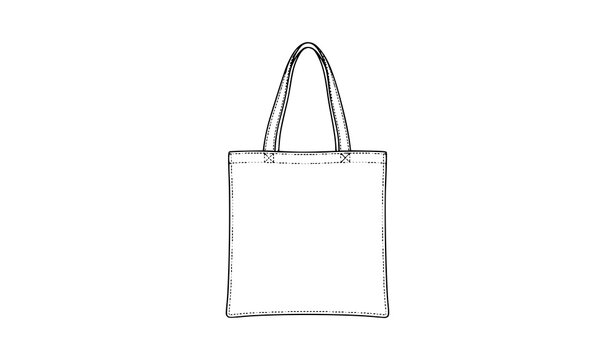 Minimal reusable tote bag front outline vector in black and white clean line art fashion accessory illustration