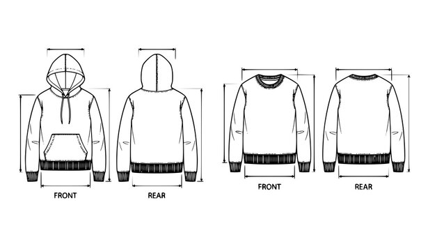 Minimal sweatshirt fashion flats with hoodie and crewneck front back technical line drawing vector