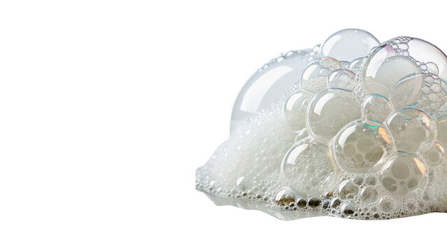 A light airy cluster of transparent soap bubbles lather froth for hygiene concepts isolated on transparent background cut out