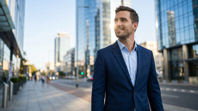 Confident young businessman in a sharp suit standing outdoors with a modern urban office building background, smiling and looking away. Corporate success and leadership.