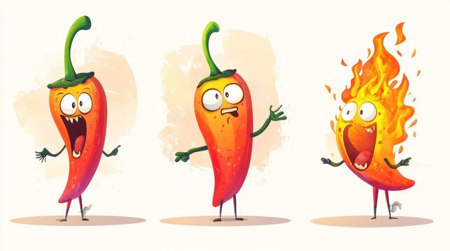 Cartoon chili peppers, various expressions, comical poses, on white background; humorous stock photo