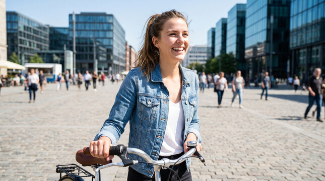 A cheerful young woman smiling while holding her bicycle in a sunny city square. Blurred pedestrians and tall buildings in the background. Urban active lifestyle concept.