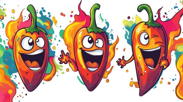 Cartoon chili peppers, happy faces, splash background, fun illustration, food art, perfect for social media or kids' designs