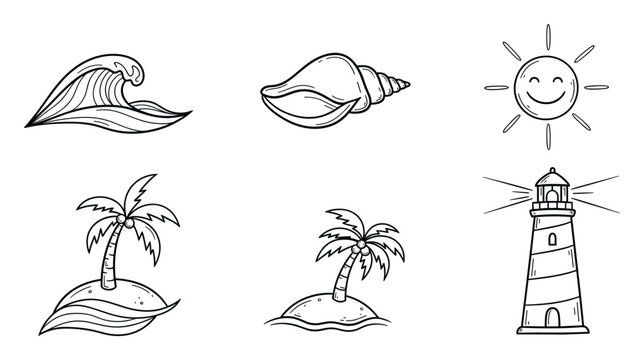Set of hand drawn summer beach vacation icons featuring sun wave palm tree lighthouse and seashell
