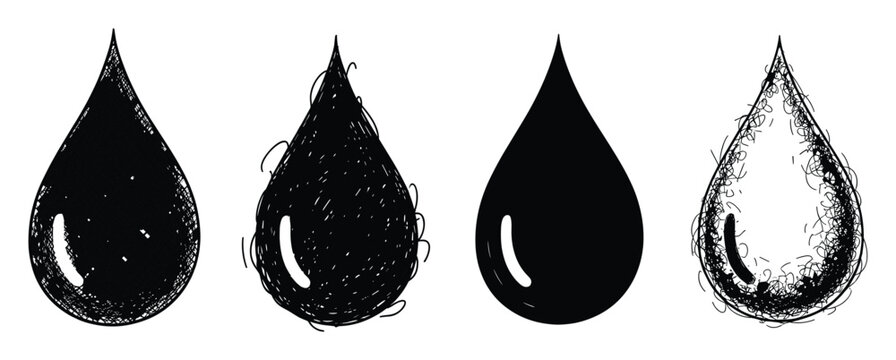 Set of liquid water oil tear drops in doodle sketch and solid vector graphic styles