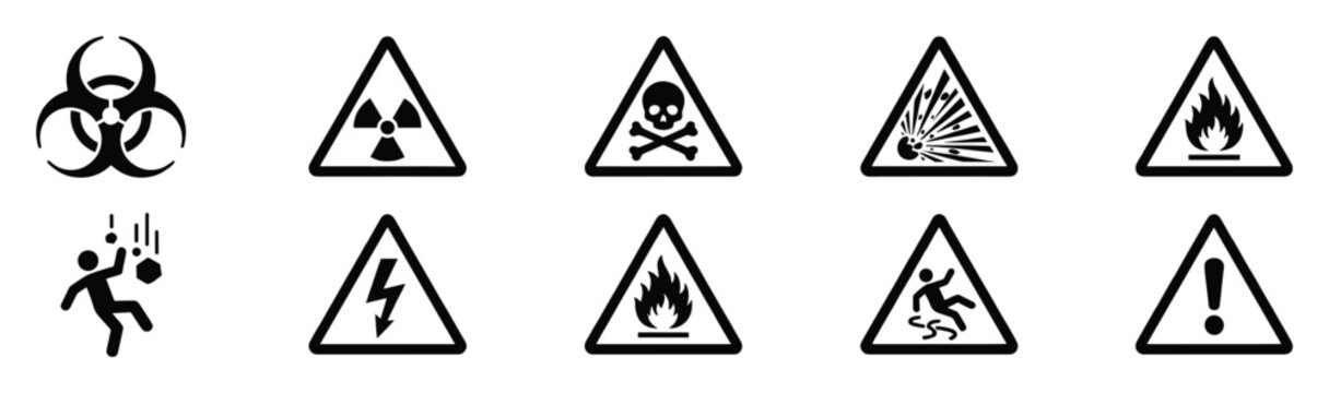 Set of danger and warning signs for workplace safety and hazardous material identification