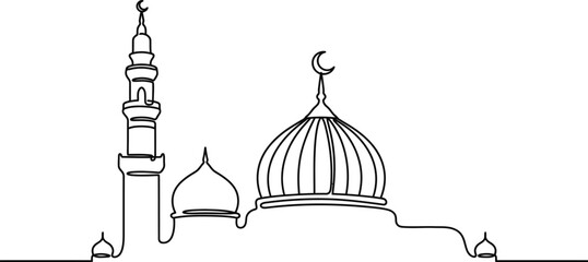 Minimalist continuous line drawing of a mosque with dome and minaret. © Elvfact22