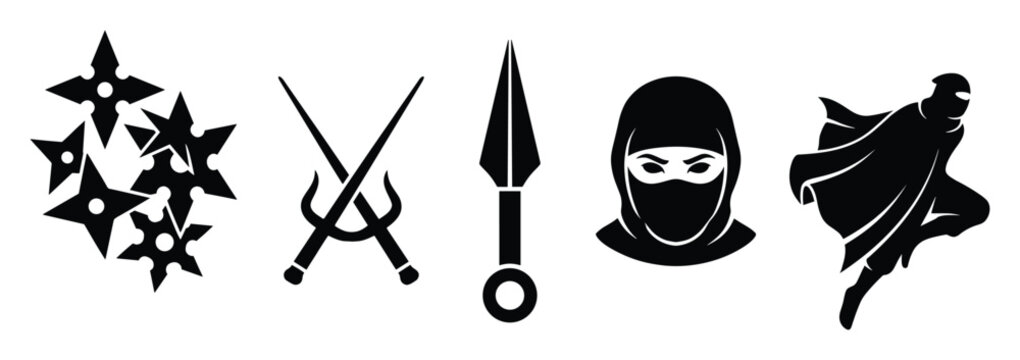 Set of black ninja weapons and masked warrior icons for martial arts projects and designs