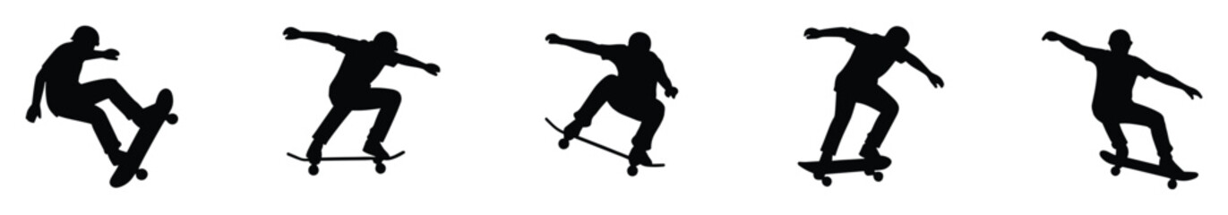 Fototapeta premium Set of dynamic skateboarder silhouettes showcasing different action poses for active sport and
