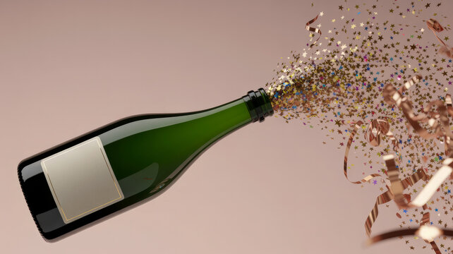Green champagne bottle exploding with colorful metallic star shaped confetti and gold ribbons in this creative studio photograph capturing a festive celebration of new beginnings today