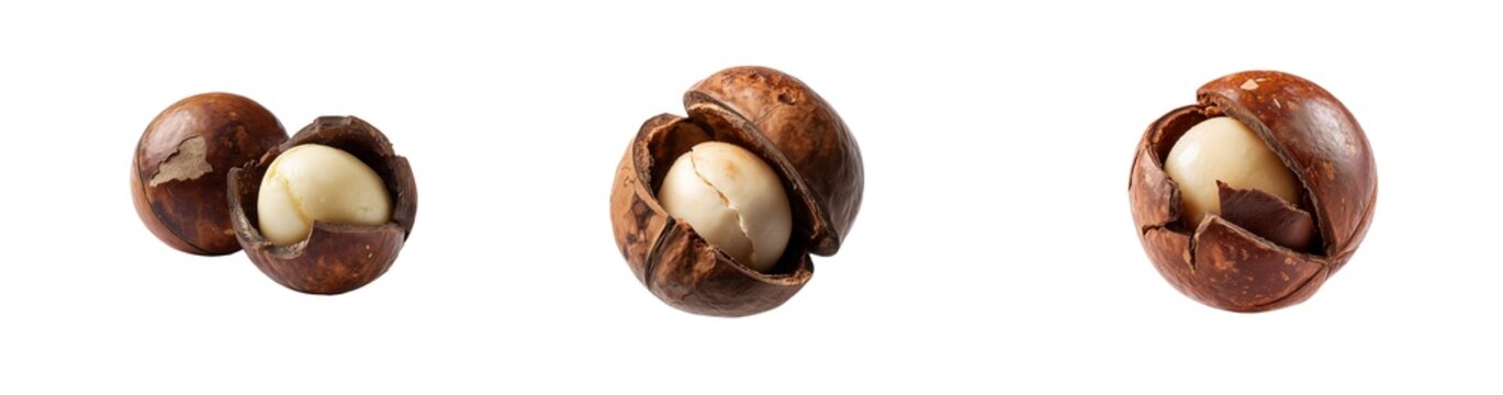 Premium macadamia nuts in cracked shells isolated on transparent background. High quality organic macadamia seeds, rich gourmet kernel snack, source of healthy nutrients and oils.