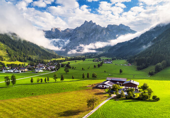 Fototapeta premium Beautiful alpine view at Werfenweng - Salzburg - Austria, Alps green landscape with village