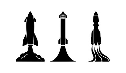 Rocket Launch Vector Set Including Vertical, Angled, and Airborne Rockets for Space, Astronomy, Technology, and Stock Designs © Md