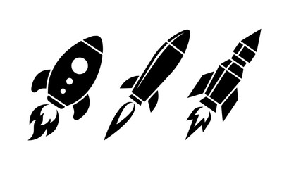 Rocket Launch Vector Set Including Vertical, Angled, and Airborne Rockets for Space, Astronomy, Technology, and Stock Designs © Md