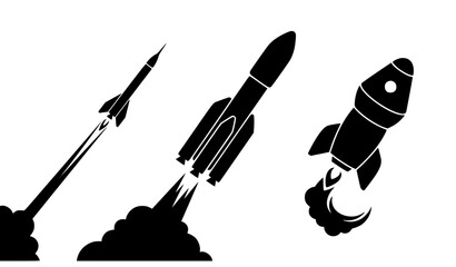 Rocket Launch Vector Set Including Vertical, Angled, and Airborne Rockets for Space, Astronomy, Technology, and Stock Designs © Md