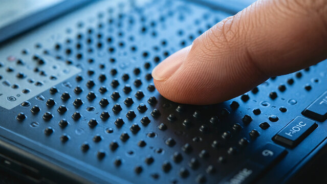 A close up of a finger reading a braille device