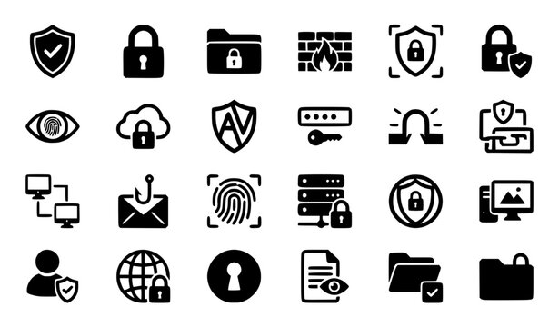 Cybersecurity and Data Protection Vector Icon Set Including Shield, Padlock, Fingerprint, Firewall, Secure Server, Key, Database, Network, and User Security for Technology, IT, and Stock Designs