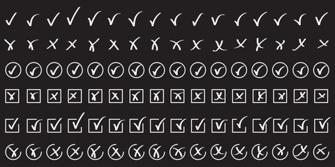 Hand drawn check and cross icons set in circle and square outline checklist marks vector illustration. Check tick mark icon set. Cross box x check mark checkbox v list vector draw hand drawn sketch © Hike Studio 2